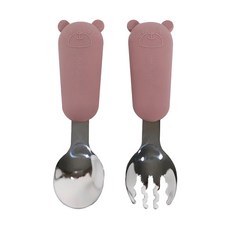 Sweet Lil' Monster 怪獸寶貝 熊熊不銹鋼叉匙隨行組, 食品級矽膠, 不含BPA, 6個月以上適用, 1組, 玫瑰粉, 叉匙