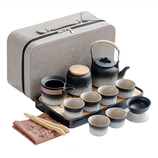 BOACUP 麂皮手提旅行箱大套裝 6件組, 茶壺 + 茶海 + 茶葉罐 + 過濾 + 茶杯6個 + 夾子 + 茶巾 + 無排水茶盤 + 類麂皮皮箱, 白色漸層, 1組