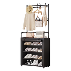 SHCJ 生活采家 落地型一體組合衣帽鞋架, 多層收納, 三合一功能, 加高懸掛區, 黑色, 1組