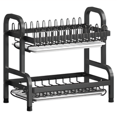 碗碟架 附水杯架 加厚碳鋼材質 42x23.5x42cm, 黑色, 1個, 2層