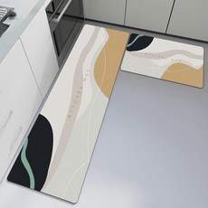 LZQ 矽藻土廚房吸水防油腳踏墊2件組, 莫蘭迪A款 米白色 + 米黃色 + 黑色