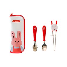 Dailylike My Buddy兔兔兒童, 304不鏽鋼材質, 勺子 + 叉子 + 筷子 + 盒子, 紅色, 1組