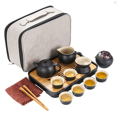 麂皮手提旅行皮箱 九陶壺 Set 含茶壺/茶杯/茶盤/茶罐, 1壺6杯, 黑色, 1組