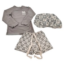 男童長袖分體泳衣 泳衣 + 泳褲有綁帶 + 泳帽, L, 灰格椰子樹