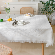 編織奶茶桌布 流蘇邊緣 植物印染, 白色, 340 x 180cm, 1條