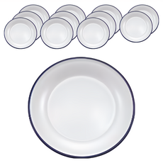 琺瑯圓形餐盤 12個 9吋, 純白色 + 深藍邊, 1組