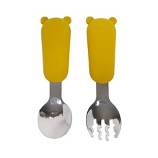 Sweet Lil' Monster 怪獸寶貝 熊熊不銹鋼叉匙隨行組 Set, 食品級矽膠, 1組, 芥末黃, Spoon, Fork