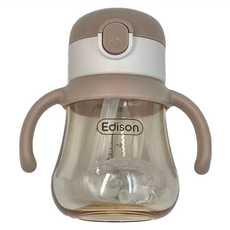 Edison 幼兒雙握把PPSU一鍵彈蓋吸管水杯 240ml, 咖啡色, 1個