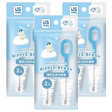 US baby 優生 抗菌奶嘴刷2入, 日本抗菌尼龍刷毛,不鏽鋼螺旋刷棒, 皇帝企鵝, 3包