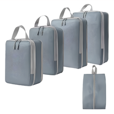 旅行壓縮收納袋5件組 - 行李分類整理 ..., 灰色, S 18 x 9 x 24cm + M 21 x 9 x 30cm + L 27 x 9 x 35cm + XL 29 x 9 x 40cm + 鞋包 22 x 40cm