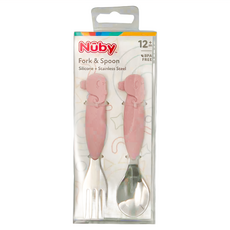 Nuby 矽膠握把叉匙組 12個月以上, 鯨魚粉, 1組