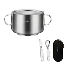 SSGP 三四鋼 316L雙層不銹鋼碗 兒童叉勺組, 帶蓋不鏽鋼碗 + 餐叉 + 餐勺 + 叉勺收納盒, 不鏽鋼色, 1組