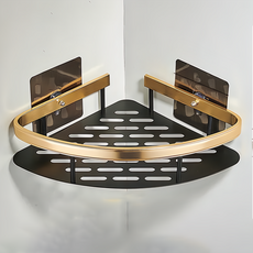 壁掛轉角免釘免打孔 掛勾收納瀝水瓶罐置物架 浴室/廚房收納 防生鏽 強力承重 加厚鋁材, 黑色 + 金色, 1個