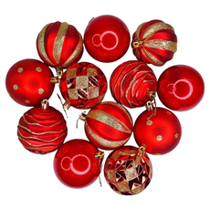 摩達客 80mm(8CM) 彩繪電鍍球12入吊飾組 (香檳粉金系) 聖誕樹裝飾球節掛飾, 紅金色系, 1組