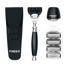 FREED 五刀式刮鬍刀尊爵四件組禮盒, 鍍鉻工藝鋁合金材質, 含刮鬍刀/專用底座/旅行套/刀片, 1組, 1盒