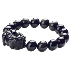 馥瑰馨盛 專業招財貔貅黑曜石手鍊, 黑色, 貔貅3.3 x 1.6 x 1.1cm + 圓珠1cm + 手圍15~16.5cm