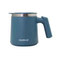 OMORY 304寬底獨享把手杯 304不鏽鋼內膽 8.5cm大杯口 附杯蓋防塵、湯匙 420ml, 靛藍色, 1個