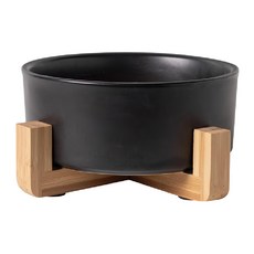 寵物陶瓷碗 4號直口碗 小 + 木架, 黑色, 1組