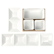 PAULUS 陶瓷材質, 7件組(3個小菜盤 + 3個餐碗 + 1個木托盤), 1組, 白色