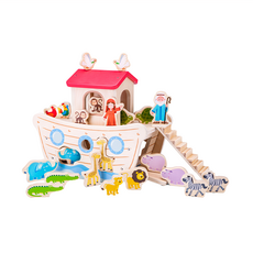 New Classic Toys 寶寶諾亞方舟動物幾何積木玩具套裝, 天然木材無毒塗料, 精緻擬真學習認知, #10565, 1組