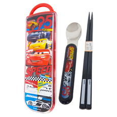 Skater 銀離子兒童餐具湯匙筷子兩件組 附收納盒, 湯匙130mm + 筷子165mm + 盒子198 x 60 x 16mm, 汽車總動員, 1組