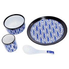 JUST HOME 日式陶瓷餐具4件組, 葉紋 藍色, 陶瓷碗 + 餐盤 + 湯匙 + 杯碗盤, 1組