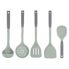 Kyhome 不粘鍋簡約矽膠耐高溫料理廚具5件組, 飯勺 + 鍋鏟 + 湯勺 + 漏鏟 + 漏勺, 綠色, 1組
