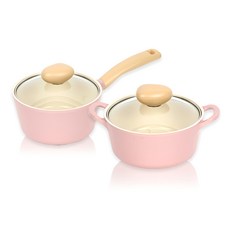 NEOFLAM Retro系列 陶瓷塗層鑄造湯鍋 2件組, 粉紅色, 單柄湯鍋 18cm+雙耳湯鍋 18cm, 1組