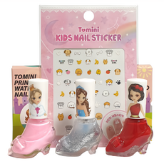 Tomini 兒童公主系列水性指甲油+美甲貼紙, 無需卸甲液, 撕除式, 指甲油 AS款 淺粉色 + 玫瑰紅 + 銀色 8ml x 3瓶 + 貼紙 款式隨機, 1組