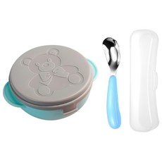 兒童吸盤不鏽鋼餐碗湯匙組, 碗蓋 + 304不鏽鋼餐碗 + PP吸盤外碗 + 元寶深底湯匙 + 收納盒, 藍色, 1組