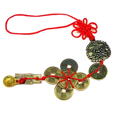 開運陶源 太極八卦陣獅咬劍套裝 六帝錢 催財銅鈴 鎮宅旺財 避邪化煞 防小人, 銅色 + 紅色, 2個
