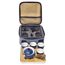 小康泡 360度旅行包茶具組 四杯 附收納包, 一壺四杯 + 收納包, 磨砂藍, 1組