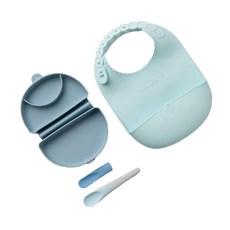 miniware 微兒 合掌包經典全配3入組, 可折疊收納, 強力吸附餐桌, 食品級矽膠製成, 含圍兜與湯匙, 合掌包, 矽膠外殼, 矽膠板, 湯匙, 圍兜, 藍色香蕉, 1組