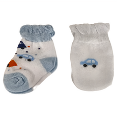Lucky Baby 新生兒護手套襪套2件組 - 汽車 (S287) 0-6個月 100%純棉, 手套8 x 6.5cm/襪套8 x 7.5cm/適用年齡0~6個用