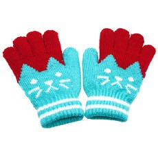 JAR嚴選 兒童防寒保暖可愛小貓針織手套-藍綠色, 均碼, 1雙