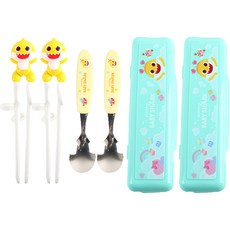 aizoum 兒童鯊魚寶寶立體學習筷組, 多色混合, 湯匙 + 筷子 + 收納盒, 2套