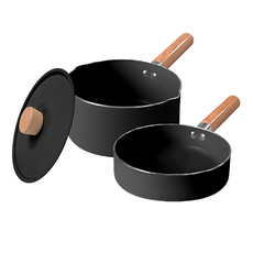 FUJI-GRACE 富士雅麗 電磁爐適用 獨享雙層不沾牛奶鍋 + 平底鍋 FJ-959 16cm 不沾鍋具, 黑色, 1組, 牛奶鍋 + 平底鍋 + 鍋蓋