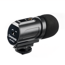 Saramonic 楓笛 SR-PMIC2 立體聲心形電容式麥克風 免電池設計 75Hz 可切換低切濾波器 配備防震底座, 黑色
