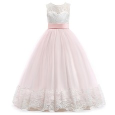 愛貝比 拼接刺繡蕾絲緞帶長裙, 五層紗裙 桃心領 粉白禮服, 140碼, 粉色