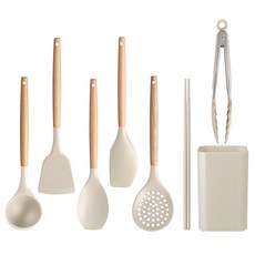 IRIS OHYAMA 愛麗思歐雅瑪 廚房用具8件組 含收納架 KT-7SS, 鍋鏟 + 湯匙 + 漏杓 + 淺口湯杓 + 抹刀 + 筷子 + 食物夾 + 用具收納架, 灰棕色, 1組