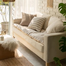 DECOVIEW 舒適格紋沙發墊 淺棕色+象牙白色 3人座, 180*60cm