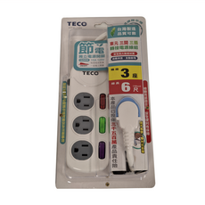 TECO 東元 三開三插轉接電源線組 過載保護自動斷電, 1.8m, 白色, 1個