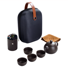 紫砂泡茶旅行茶具 含茶壺、茶杯、茶葉罐、茶斤, 茶壺 + 茶杯4個 + 茶葉罐 + 茶斤 + 旅行包, 藍色, 1組