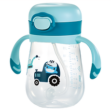 KU.KU Duckbill 酷咕鴨 彈跳鎖扣PP訓練杯 300ml 6個月以上適用 食品級矽膠吸管 360度轉動把手, 薄暮藍, 1個