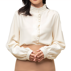 CARET 女款荷葉邊雪紡衫，長袖，荷葉邊領口，奶油色/黑色, 均碼