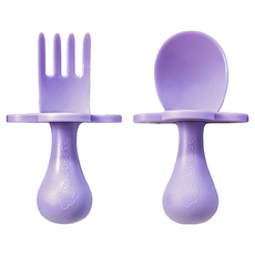 grabease 嬰幼兒奶嘴匙叉2件組, 安全PP材質 不含BPA, 霧朵造型 防噎設計, 通過美國FDA及SGS檢驗, 精美禮盒包裝, 奶嘴匙 + 奶嘴叉 + 收納盒, 薰衣草紫, 1組
