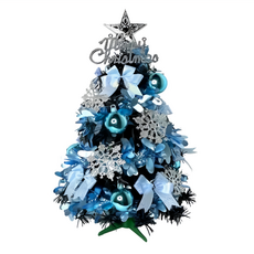 摩達客 耶誕特仕幸福型裝飾黑色聖誕樹，土耳其藍銀雪系全套飾品 + 50燈LED銅線燈串 + USB電池盒兩用充電，2呎(60cm), YS-HBTL2205005