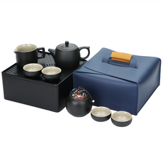 BOACUP 旅行茶具組 附方形皮袋, 茶壺 + 公道杯 + 茶罐 + 茶杯 4個 + 收納盒, 1組, 藍色