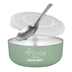 Green Bell 綠貝 兒童抗菌不鏽鋼碗組 304不鏽鋼材質 SGS檢驗合格 含透明活動蓋, 碗 + 湯匙 + 蓋子, 綠色, 1組