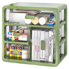 桌面收納盒 抽屜式 特大號 深墨綠, 3層